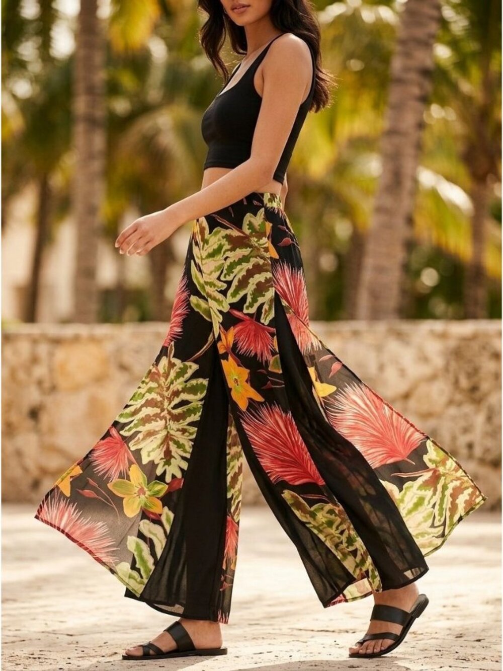 Cache Tropical Flowy Pants 10 High Waist Wide Leg Vacation Cruise Resort